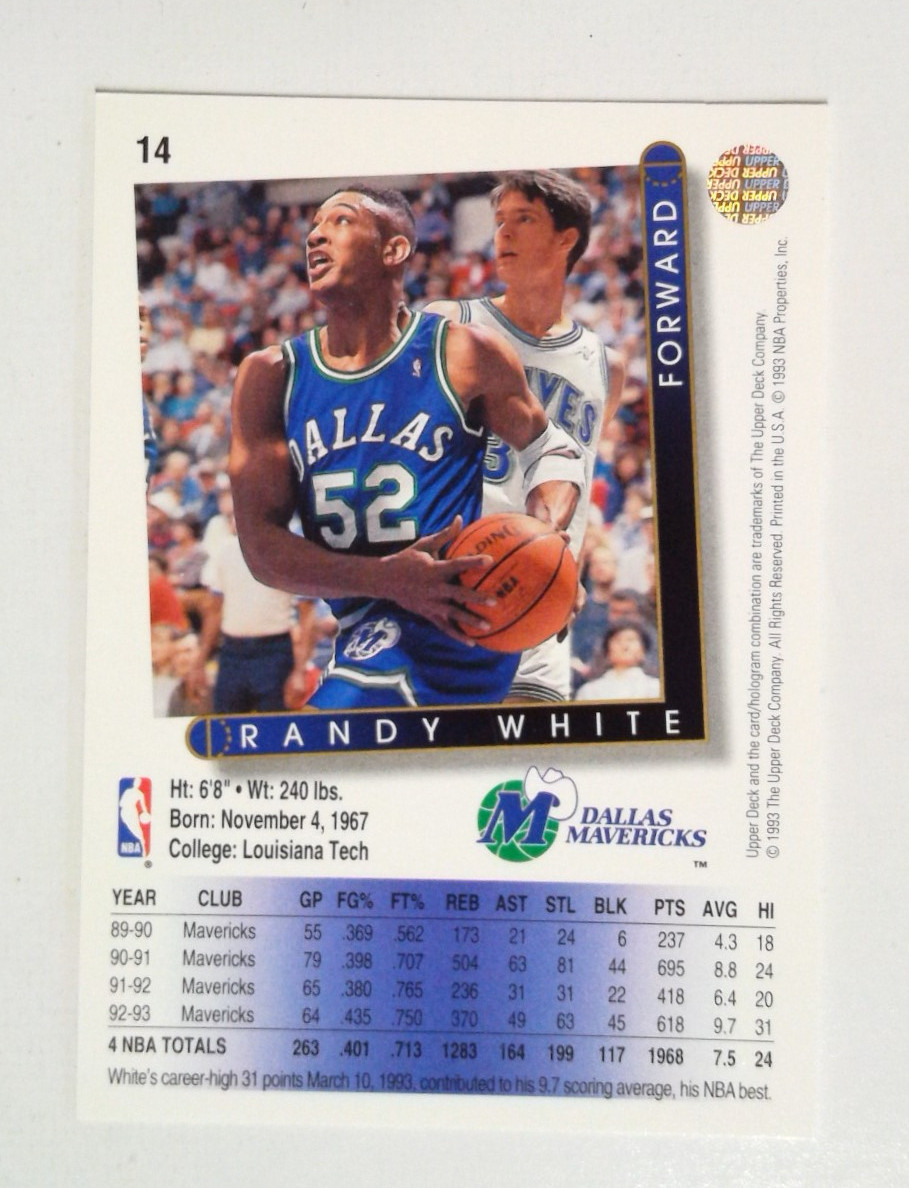 1993 Upper Deck Basketball #14 Randy White Basketball Card High Grade ...